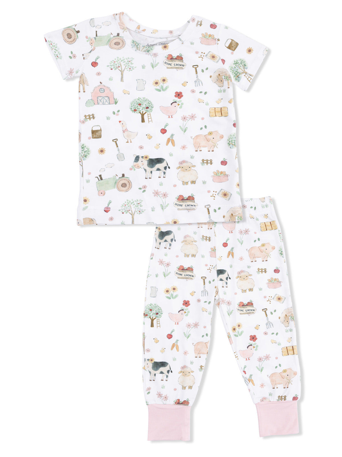 Short Sleeve Loungewear Set, Cute Farm Animals Pink