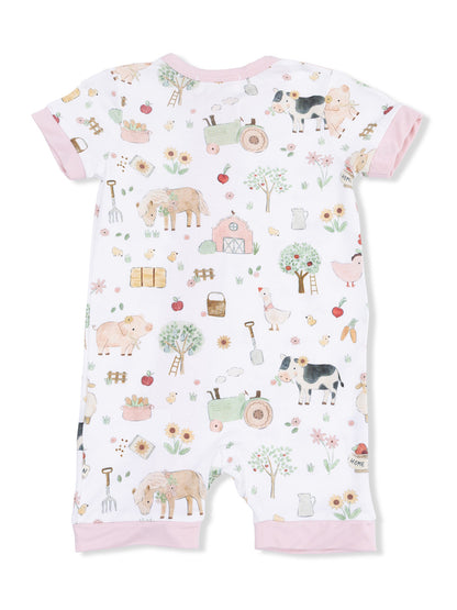 Shortie 2-Way Zip Romper, Cute Farm Animals Pink