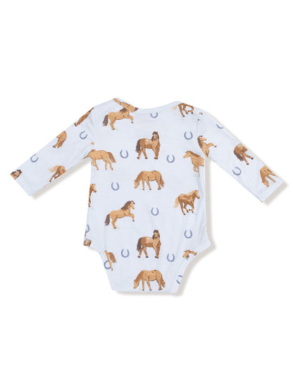 Long Sleeve Bodysuit, Horses Blue