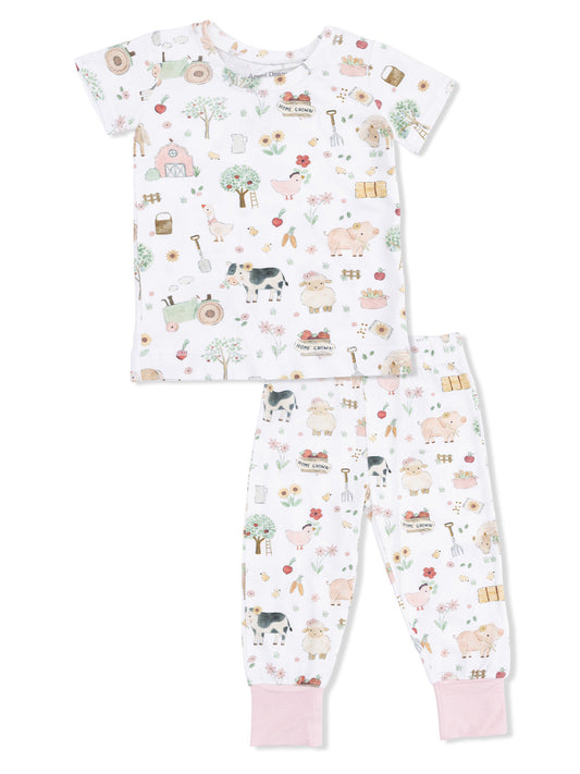 Short Sleeve Loungewear Set, Cute Farm Animals Pink