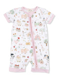 Shortie 2-Way Zip Romper, Cute Farm Animals Pink