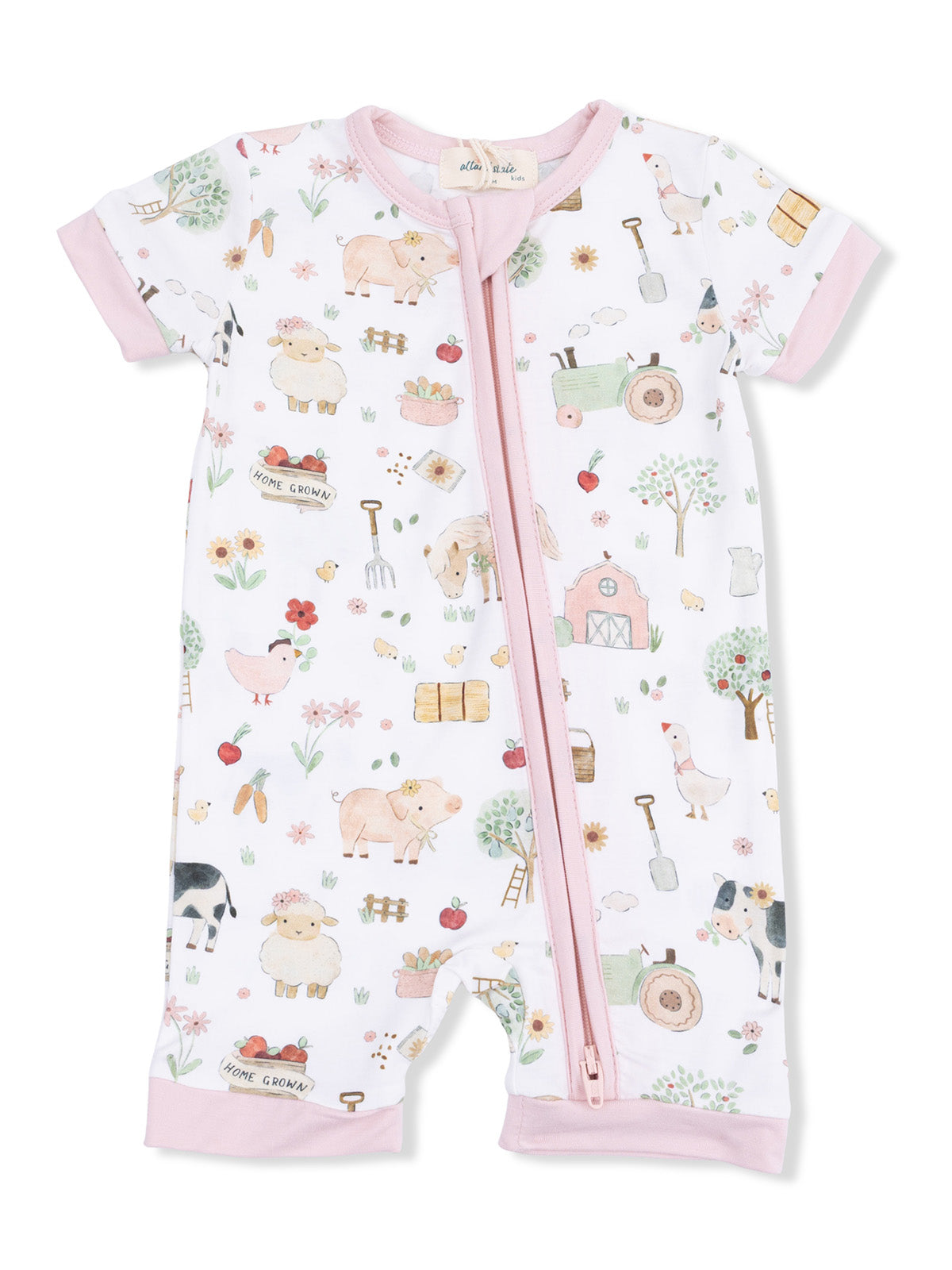 Shortie 2-Way Zip Romper, Cute Farm Animals Pink