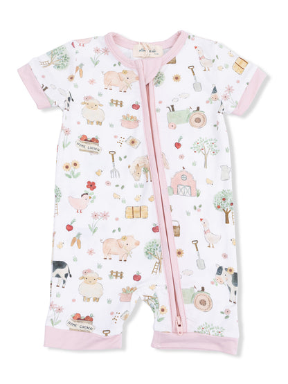 Shortie 2-Way Zip Romper, Cute Farm Animals Pink