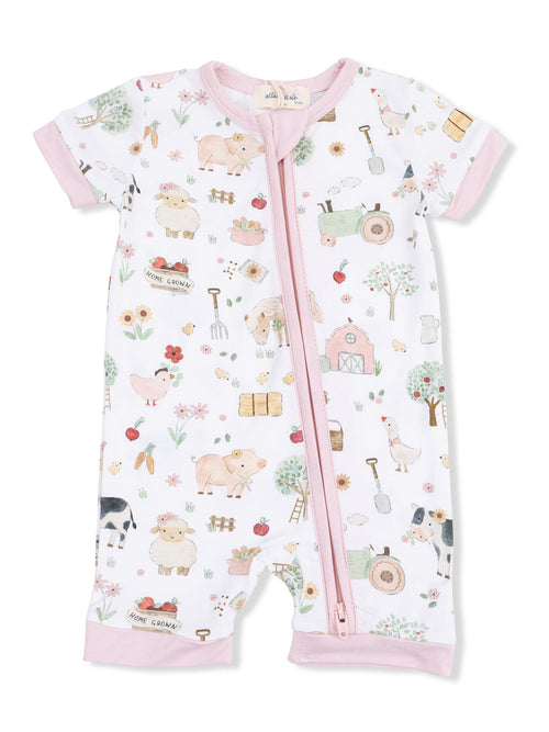 Shortie 2-Way Zip Romper, Cute Farm Animals Pink