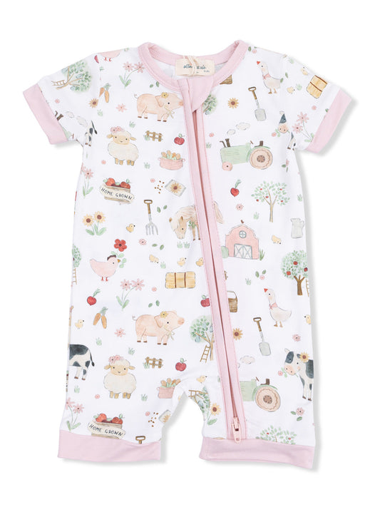 Shortie 2-Way Zip Romper, Cute Farm Animals Pink