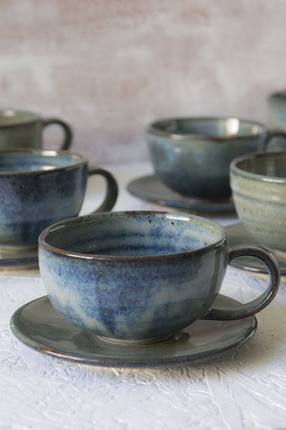 Handmade Pottery Blue Cappuccino Cup & Saucer