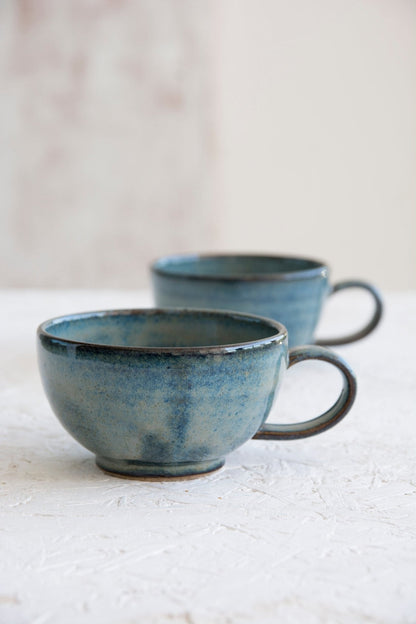 Handmade Pottery Blue Cappuccino Cup & Saucer