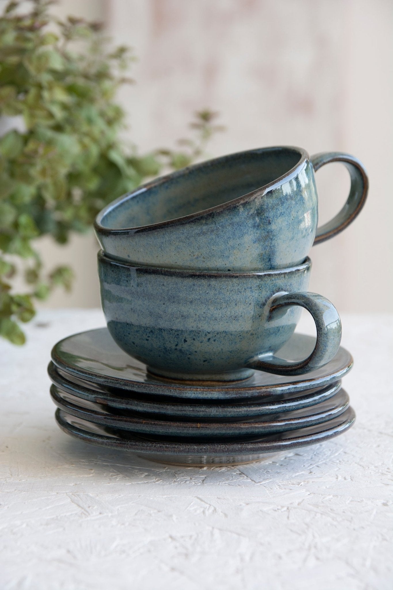 Handmade Pottery Blue Cappuccino Cup & Saucer