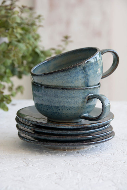 Handmade Pottery Blue Cappuccino Cup & Saucer