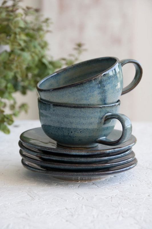 Handmade Pottery Blue Cappuccino Cup & Saucer