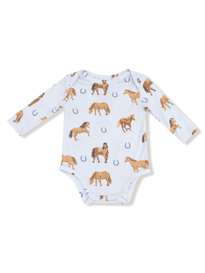Long Sleeve Bodysuit, Horses Blue