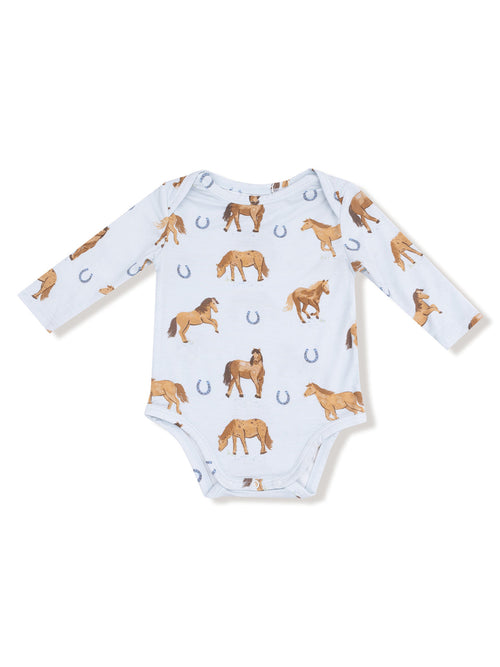 Long Sleeve Bodysuit, Horses Blue