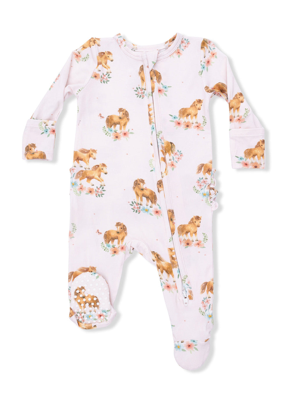 2-Way Zip Ruffle Footie, Pink Ponies