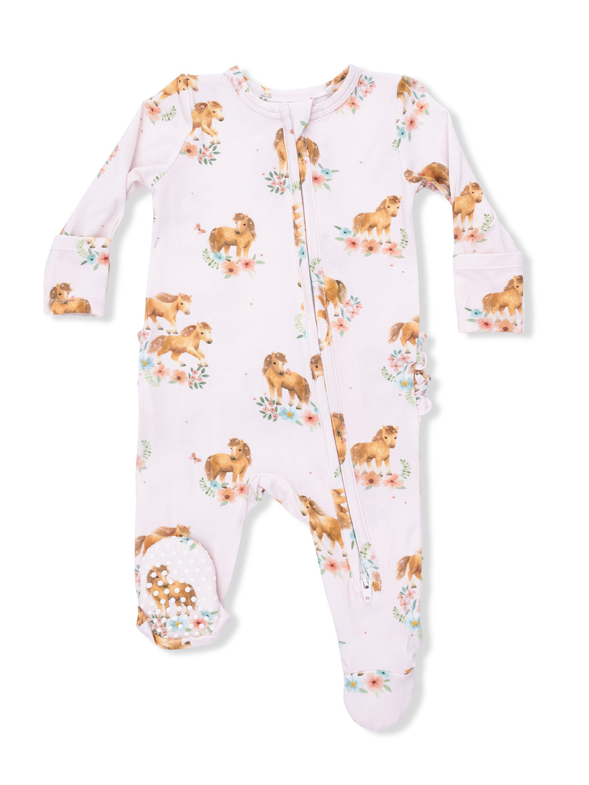 2-Way Zip Ruffle Footie, Pink Ponies